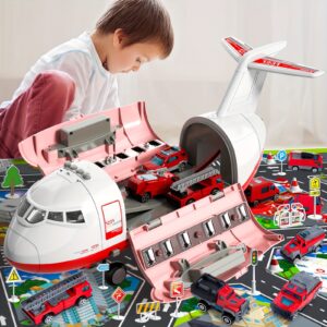 Large Transport Airplane with 10 Cars for Kids - Pull-Back/Spring-Loaded Moving Parts, Detachable Luggage Holders & Airplane Parts, Sound & Effects, Role-Play Airplane Carrier for & (White/Red) - Birthday/Christmas Gifts