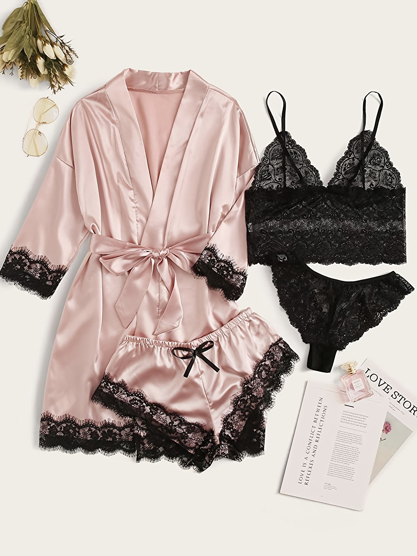 Ladies' Pajamas Homewear Bathrobe Five-Piece Set Multi-Color No Figure, Sexy, Solid Color, Contrast Lace, No Padding, with Belt, for Adult - Image 5