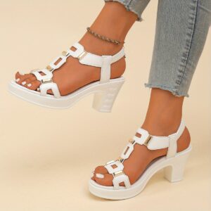 Elegant Women'S Hollow-Out T-Strap Sandals with Metal Accents, Lightweight And Breathable High Heels for Weddings, Parties, Performances, Featuring Slip-On Elastic Design for Beach Vacations.