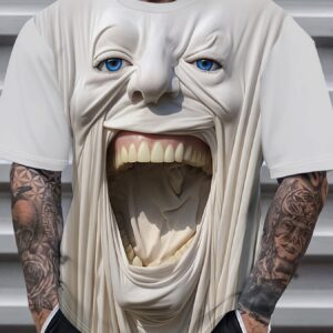 Men'S Graphic Tee - Summer Round Neck Short Sleeve Shirt, Casual Street Style, Lightweight Polyester, Striking Graphic Design, Everyday Wear | Bold Face Art | Lightweight Tee