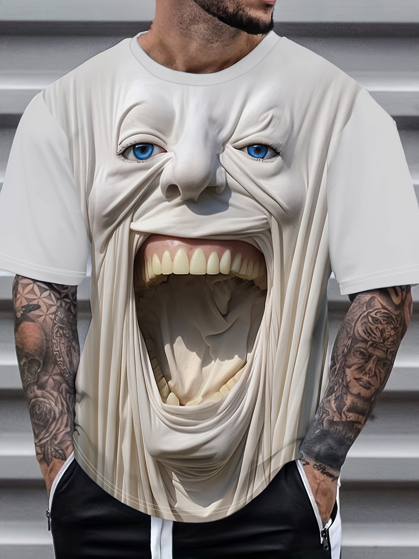 Men'S Graphic Tee - Summer Round Neck Short Sleeve Shirt, Casual Street Style, Lightweight Polyester, Striking Graphic Design, Everyday Wear | Bold Face Art | Lightweight Tee