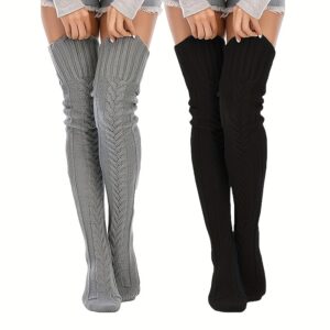 [Thermal Thigh High Socks] 2-Pair Women's Thermal Thigh High Socks - Extra Long Over Knee Boot Stockings, Non-Slip Elastic Opening, Ultra-Soft Acrylic Winter Leg Warmers for Boots/Clothes - Grey/Black, One Size Fits Most - Perfect Gift for Cold Weather, Versatile Wardrobe Addition, Highelastic Material