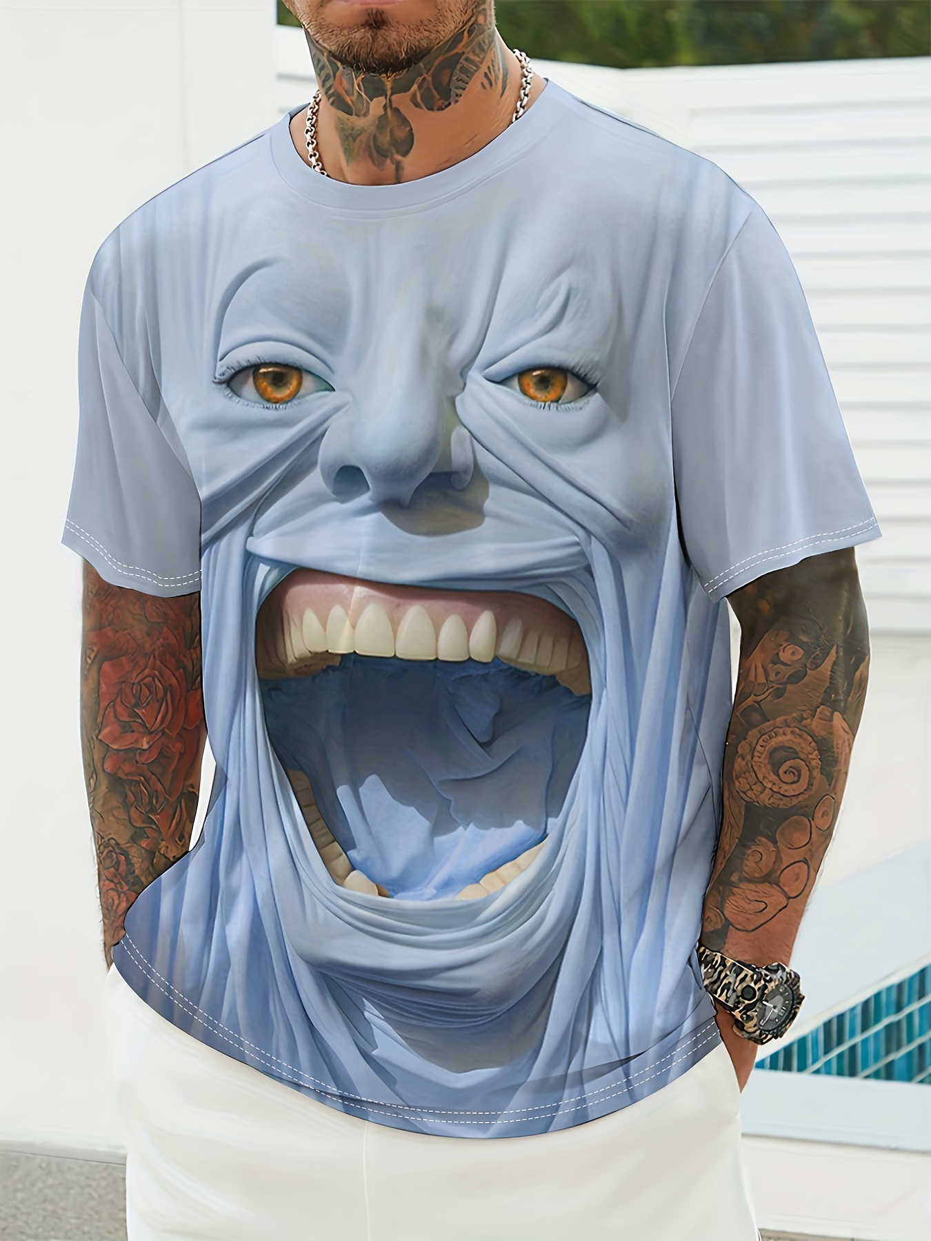 Men'S Graphic Tee - Summer Round Neck Short Sleeve Shirt, Casual Street Style, Lightweight Polyester, Striking Graphic Design, Everyday Wear | Bold Face Art | Lightweight Tee - Image 4