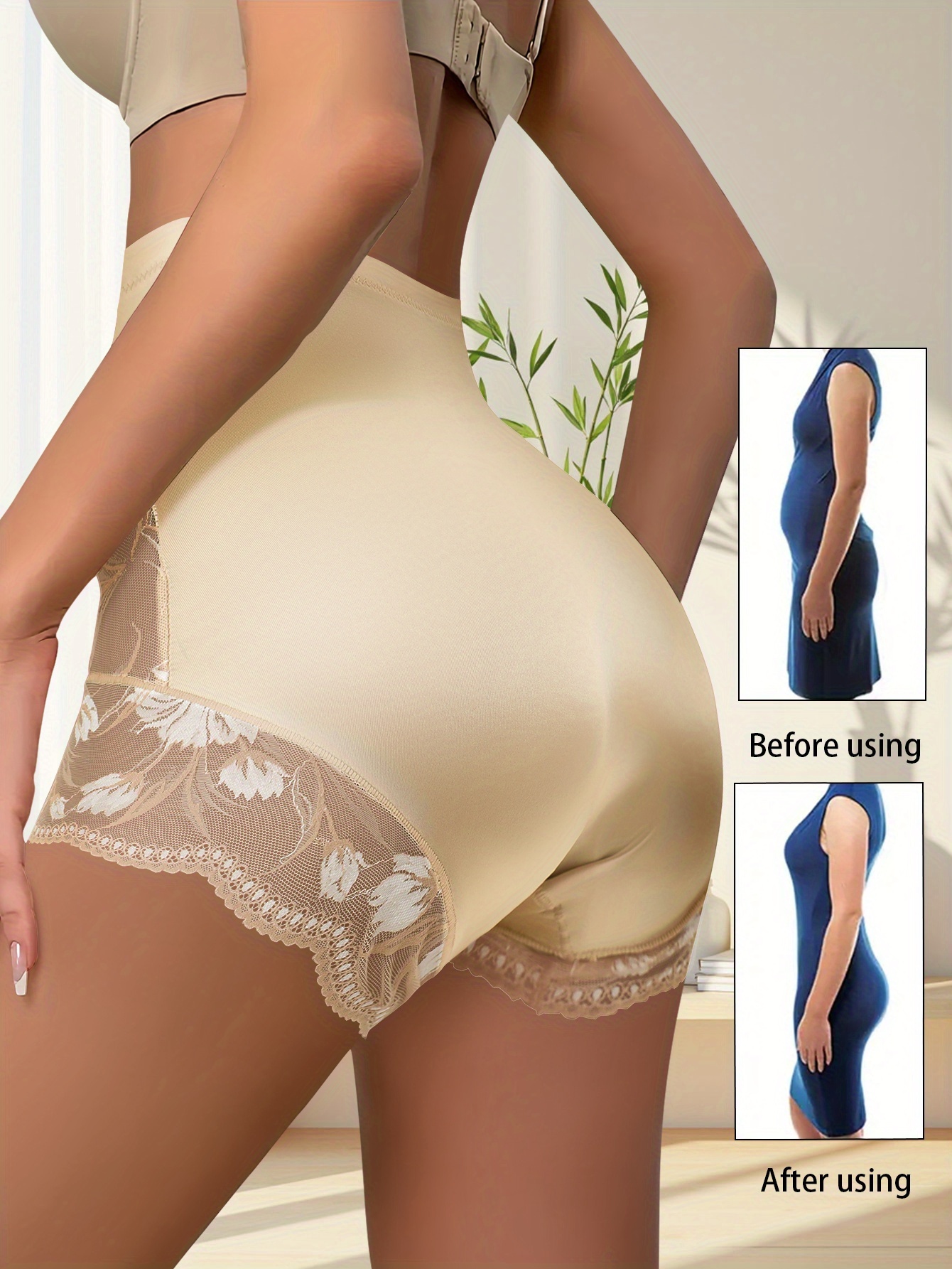 3pcs QUASTI Women's High-Waisted Tummy Control Underwear - Butt-Lifting Shaping Briefs with Lace Trim, Opaque Full Coverage Shaping Panties, Tummy Control & Posture, No Padding (Triangle Cut) for Casual Attire (Sensitive Beige) - Image 3