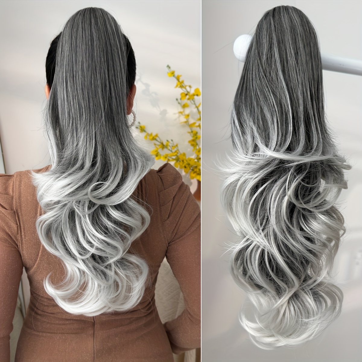 Women'S Heat-Resistant Synthetic Hair Extension Wig - 20" Long Curly Wave Ponytail with Claw-Shaped Base, Multi-Color Options (Black, Brown, Golden, Burgundy, Off White, Gray) For Christmas, Halloween, Parties & Daily Use - Easy To Style & Maintain - Image 4