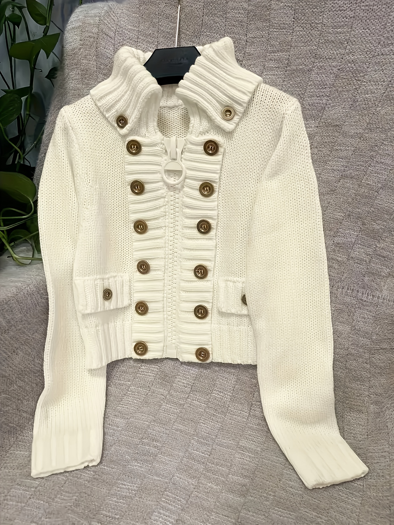 Women'S Elegant Round Neck Cardigan with Zipper & Button Details - Solid, Long Sleeve, Fall/Winter Fashion, Casual Chic Style, Perfect for Casual Attire - Image 3
