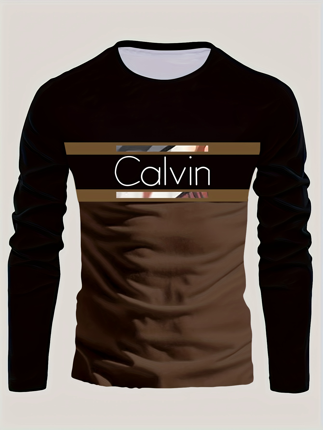Men'S Long-Sleeve T-Shirt - Features a Black to Brown Gradient Design with 'CALVIN' Letter Print, Stretchy And Comfortable Fit, Suitable for Both Casual And Formal Wear, a Must-Have for Spring And Autumn - CALVIN Apparel, Spring And Autumn Tops - Image 2