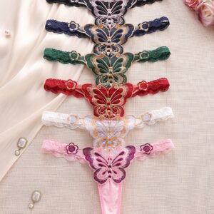 6pcs Women's Elegant Butterfly Embroidered Thongs, Hot Sexy Fashion Low-Rise Thongs
