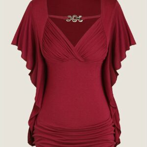 Plus Size - European And American Fashion Plus-Size Women'S Butterfly Sleeve Ruffled Solid Color Asymmetrical T-Shirt