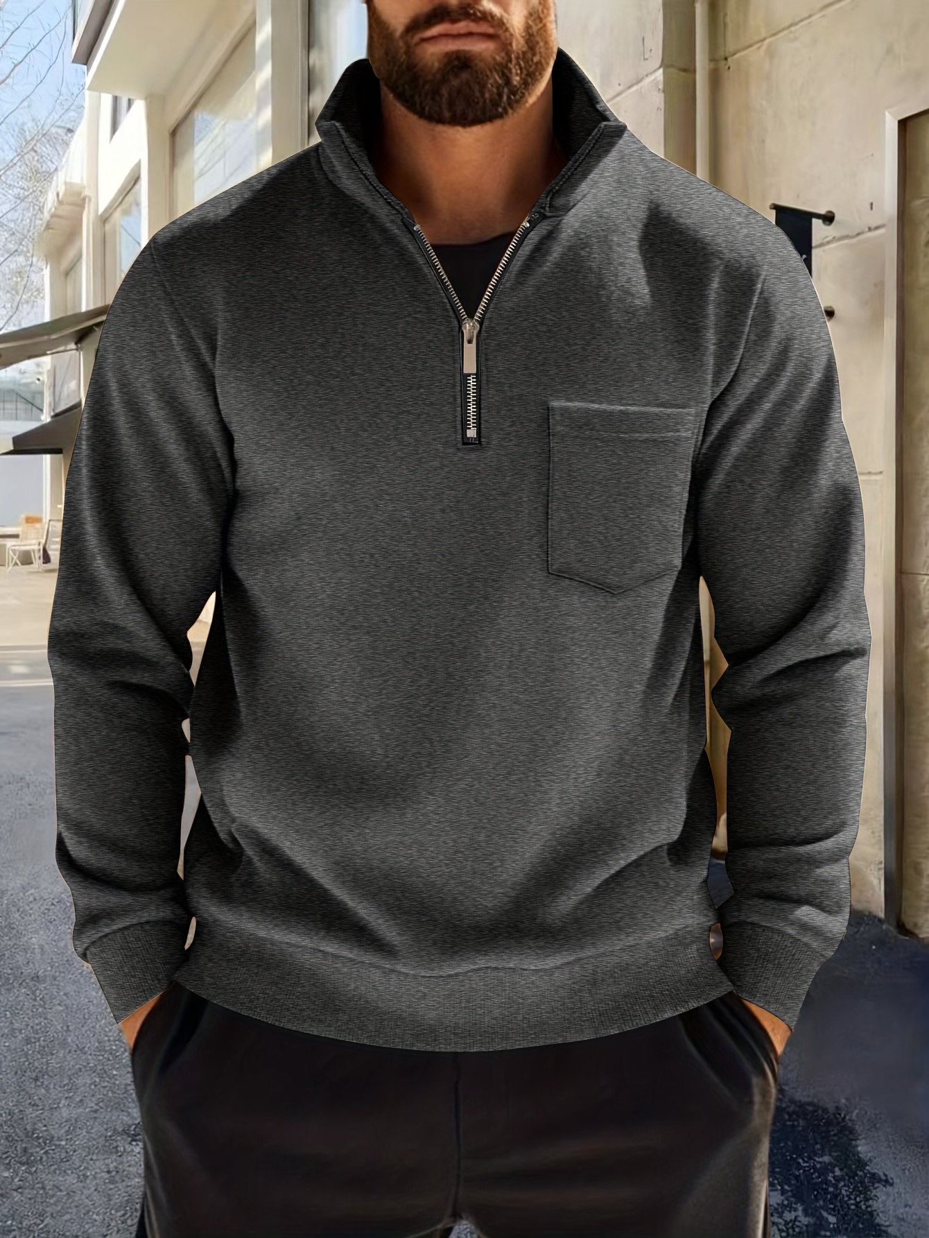 Men'S Thickened Long-Sleeve Shirt - Half-Zip, Versatile Long-Sleeve Polo Shirt, Casual And Adaptable, Featuring a Chest Pocket, Suitable for Autumn/Winter. - Image 6