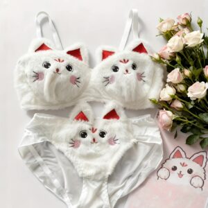 Cat Plush Underwear Set with Three Dimensional Cat Ears and Blunt Face Bra+Underwear Soft Cute Warm Underwear Set for Wealth Attraction Cat Underwear Plush Cat Plush No Steel Hoop Bra Super Cute Underwear Winter Warm Sexy Set