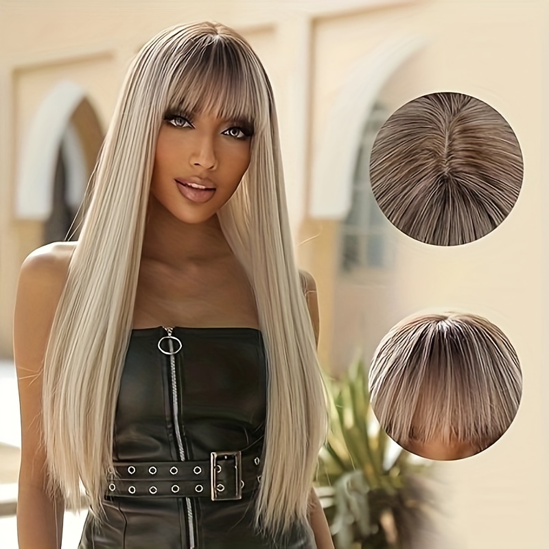 Christmas Wig Ombre Blonde Long Straight Wigs for Women Medium And Long Wigs Put On and Go Straight Wigs Fully Woven Straight Wigs Synthetic Fiber Wigs No Glue No Lace for Party Daily Use - Image 4