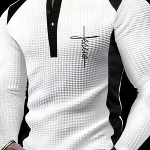 Men'S Fashion Waffle Knit Color Block Button-Up Long Sleeve Henley Shirt with Letter Print for Autumn and Winter