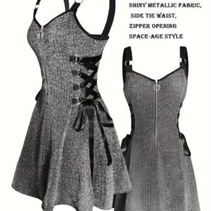 Y2K Metallic Fabric | Fashionable Women'S Peplum Dress with V-neck and Zipper Closure | Flared Hem, Waist-Cinching Details | All-Season Wear