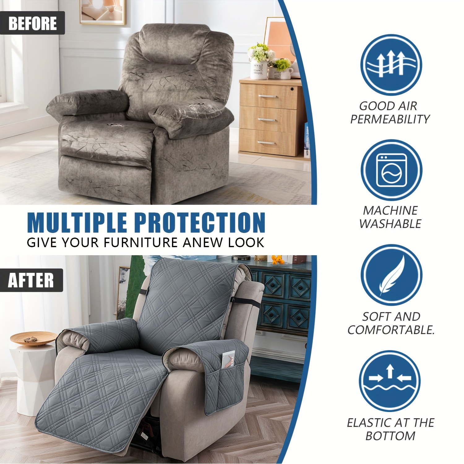 1pc 100% Waterproof Recliner Chair Cover, Non Slip Recliner Covers for Recliner Chair with Pocket, Pet Scratch-Resistant Sofa Slipcover, Washable Furniture Protector, Easy to Install for Living Room, Home Decor, Thanksgiving Decor, Christmas Deco. - Image 10