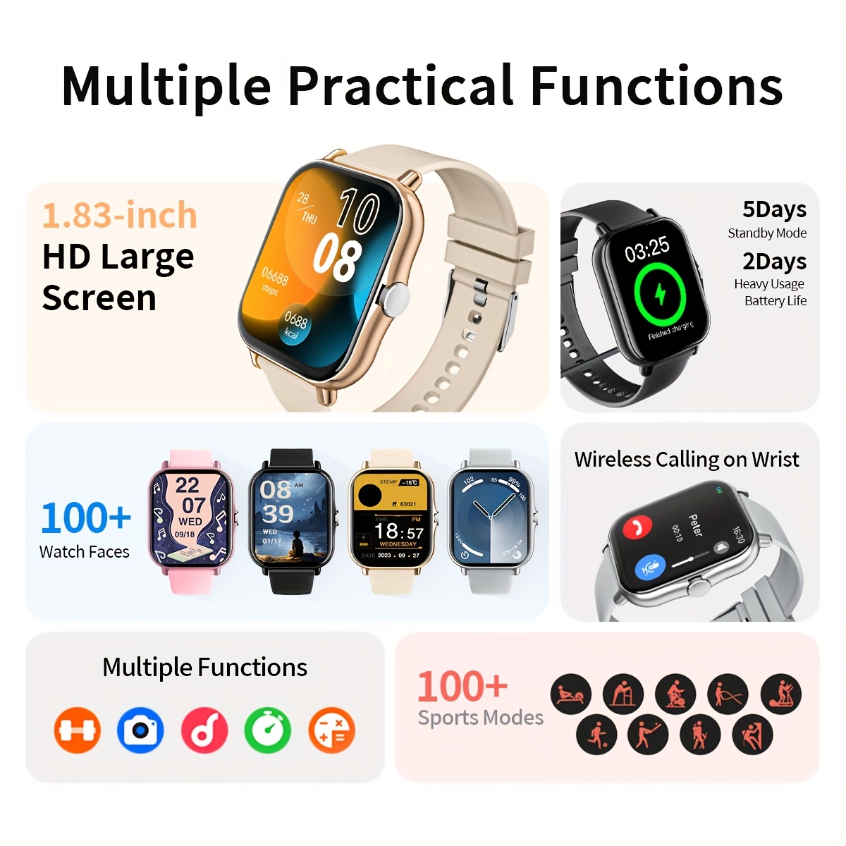 1.83-Inch Smart Watch - Wireless Calling, Music Play, Weather Forecast, Call Alerts, App Notifications, Versatile Watch Faces, Unisex Fitness Tracker - Perfect Gift for Labor Day, Back to School & Christmas - Stylish Sporty Design - Image 5