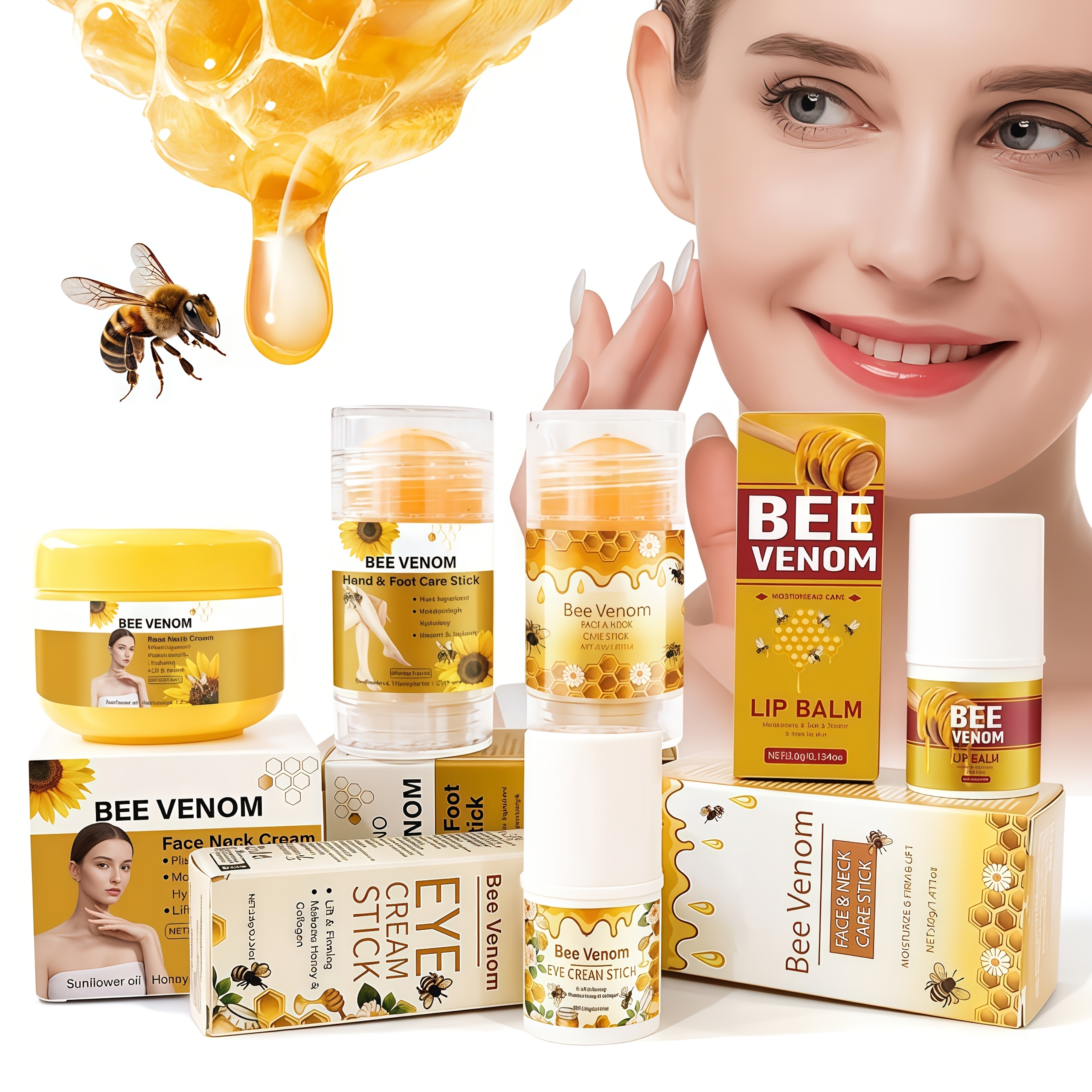 5pcs Bee Venom Care Set for Lips, Face, Neck, Hands, Feet and Whole Body Care, moisturizing and nourishing, suitable for dry and rough problems, all-round care, lightweight and non-greasy, fast-absorbing, mild and non-irritating, portable and easy to