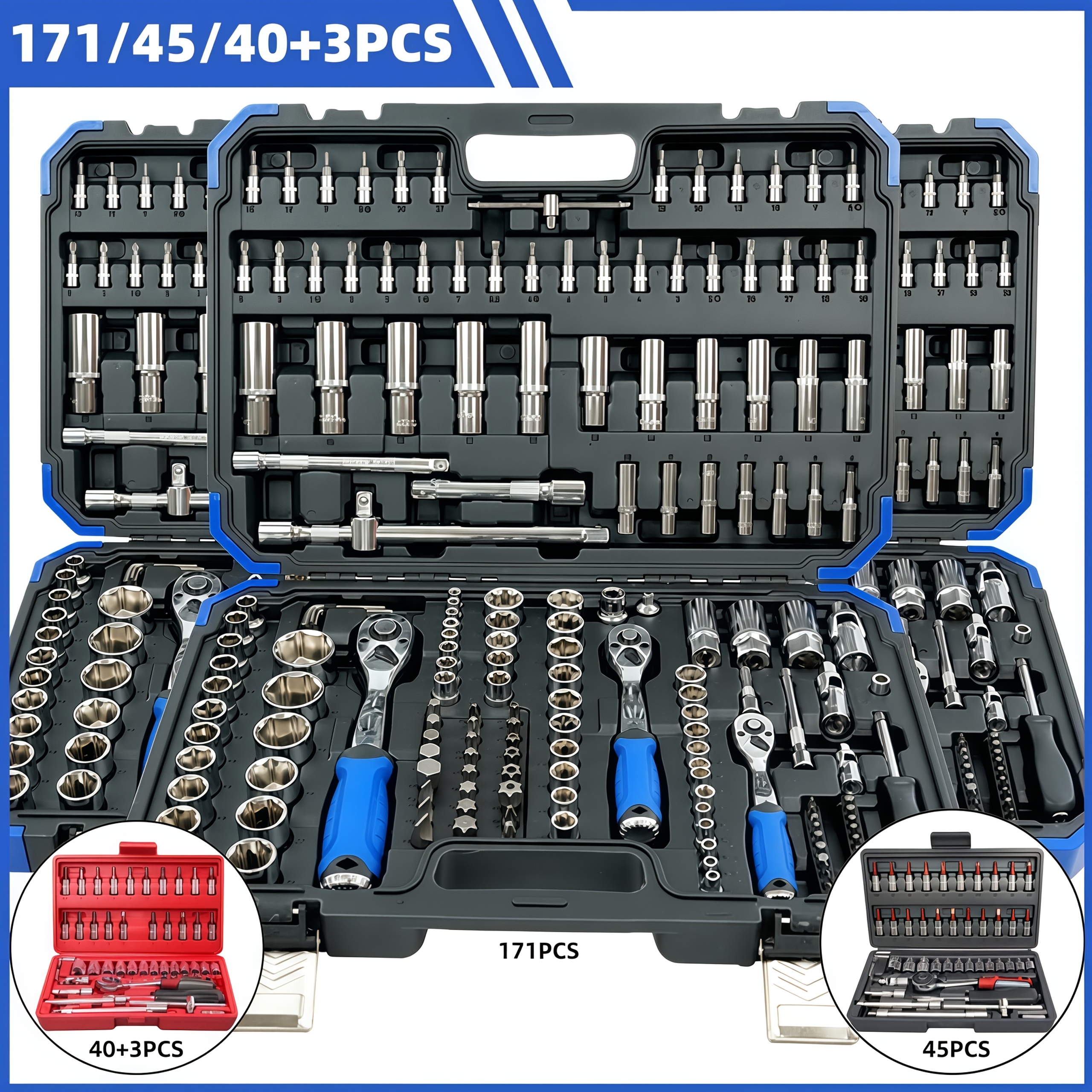171/45/40+3pcs Professional Car Repair Tool Set, Ratchet Wrench Set, Torque Wrench, 1/2 *1/4" 3/8" Drive Deep And Standard Sockets, Car Repair And Home Machine Tool Set, Suitable for Car And Bicycle Repair Tools