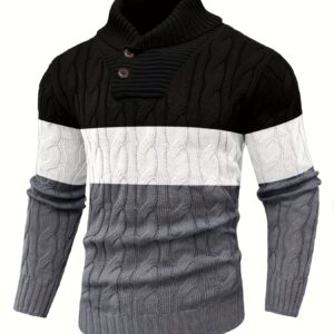 Men's Business Contrast Color Sweater, Fashion Trendy Patchwork Large Lapel Pullover with Versatile Button Design
