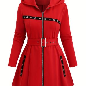 Plus Size, European and American Fashion Plus-size Women's Winter Drawstring Waist Pocket Hooded Solid Color Zipper Coat