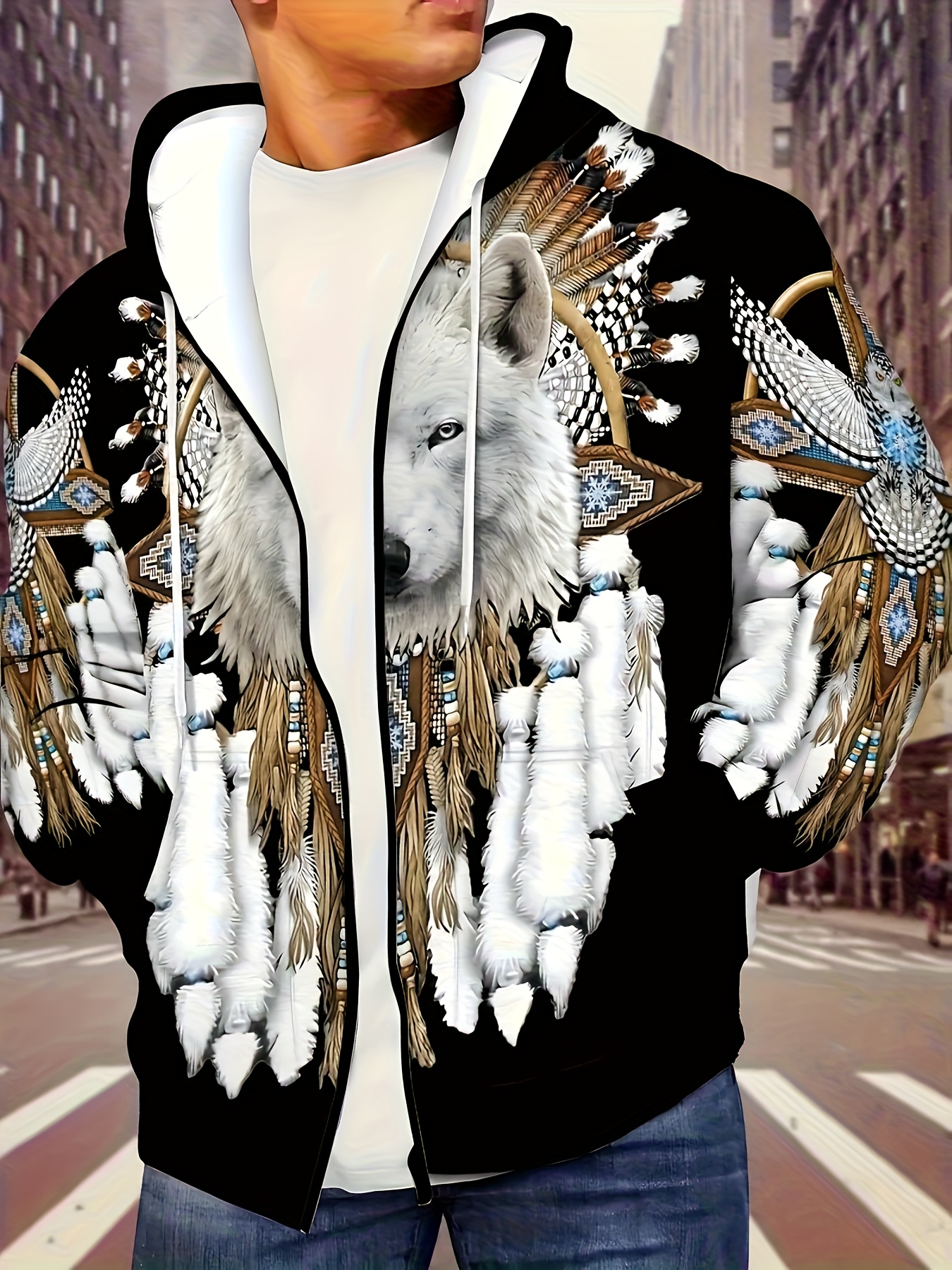 Plus Size Printed Hoodie with Zipper - Stylish Wolf King Graphic, Elastic Fabric Machine Washable for Fitness Running Spring Autumn Outdoor Casual Streetwear Niche Sportswear Eye-Catching Pattern Easy Care Long Sleeve Top, PLUS SIZE - Image 4