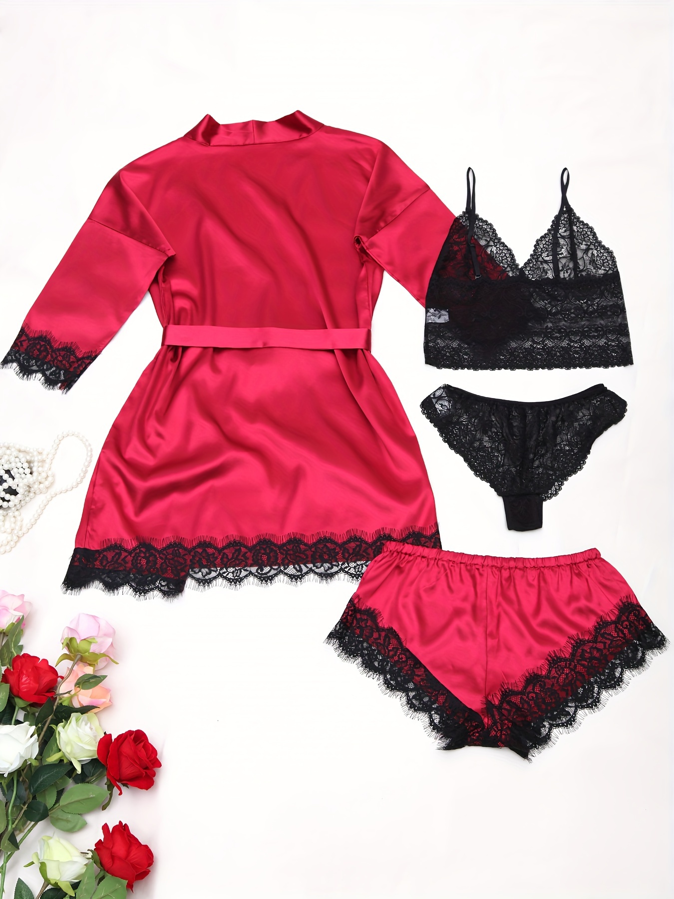 Ladies' Pajamas Homewear Bathrobe Five-Piece Set Multi-Color No Figure, Sexy, Solid Color, Contrast Lace, No Padding, with Belt, for Adult - Image 6