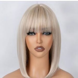 Women's Short Straight Bangs Bob Wig 14 Inches Natural Blonde with High Gloss Heat-Resistant Synthetic Hair - Layered Short Cut for Daily Use Suitable for Light Beige Tones & Ethnicities (Wig Only)