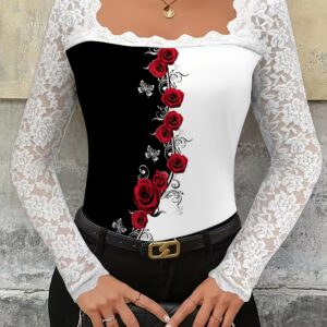 Elegant Directional Long-sleeve Square-neck White Lace Sleeve Patch Print T-shirt, Fashionable Trendy Women's 3D Rose Flower Print Dye Women's Top