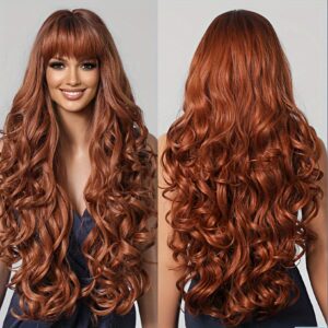30 Inch -Looking Women's Long Curly Wig with Bangs - Brown/Blonde ( Brown) Loose Curls, Mechanism Headband & Rose Cap Hairpiece for Daily Wear, Parties, Photoshoots - Comfortable & Easy to Style