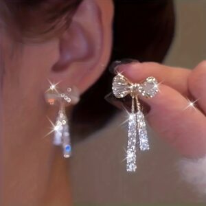 Elegant Bow & Rhinestone Dangle Earrings for Women - Sparkling Rhinestone-Adorned Alloy, Chic Minimalist Design with Golden-Tone Chain, Dainty Everyday & Formal Jewelry, Perfect for Daily Wear & Gifts, Cute Earrings