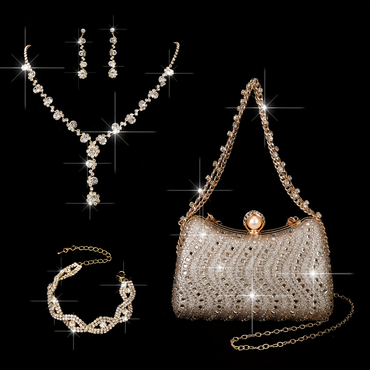 5pcs Women's Elegant Rhinestone-Embellished Evening Handbag & Crossbody - Convertible Shoulder/Dance Party Wedding Accessory with Necklace, Earrings, Bracelet & Ring Gift Set (Golden) Suitable for Prom, Gala, Dinner Parties - Image 2