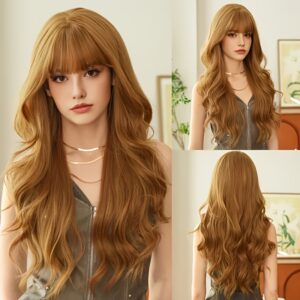 Brown Long Curly Wig with Full Bangs and Big Waves, 22 Inches Long, Made of Heat-resistant Synthetic Fiber, Suitable for Daily Wear, Parties, Masquerade Balls, Carnivals, Music Festivals, Cosplay, Christmas Costumes, and as a Gift for Friends