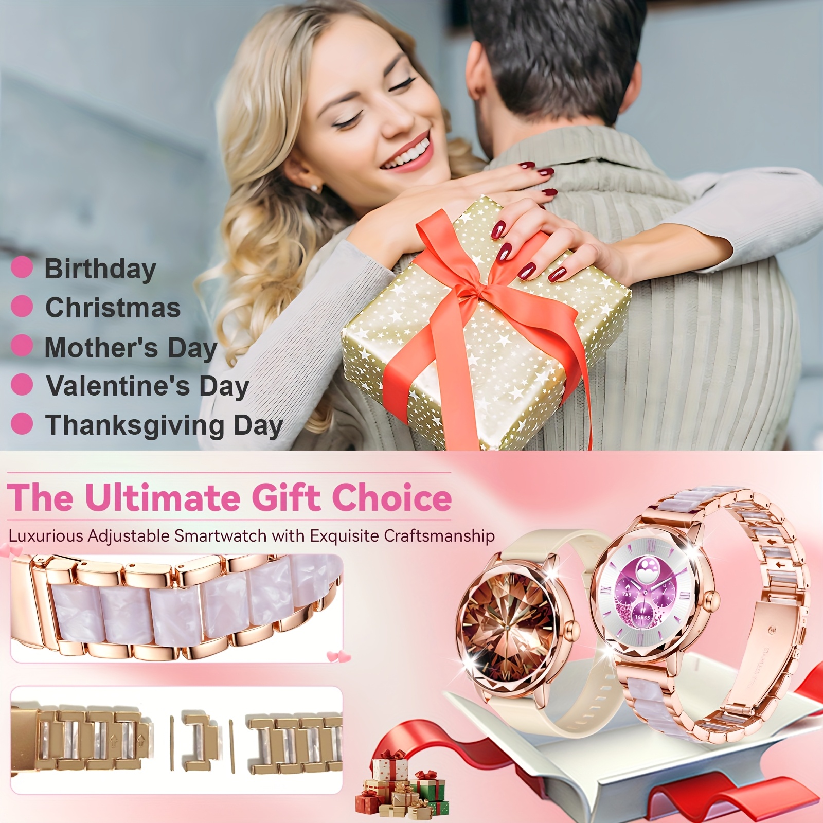 HOMAILIDA Women'S Elegant Smart Watch with Floral Design, Wireless Calls, Messages, Camera Control, Pedometer, Alarm Clock - Rose Golden & White Strap, Magnetic Charging, Perfect Gift for Family & Friends, Smart Watch for Android Phones, Fitness Tracking, Classic Watch Design, Durable Watchband - Image 9