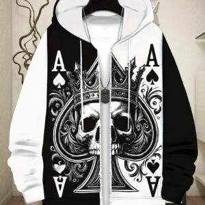 [Gothic Hoodie] Highquality Unisex Gothic Skull & Ace of Spades Print Hoodie | Long Sleeve Zip-Up Jacket with Drawstring Hood, Front Pockets, Machine Washable, Regular Fit for Poker Enthusiasts & Casual Outdoor Wear