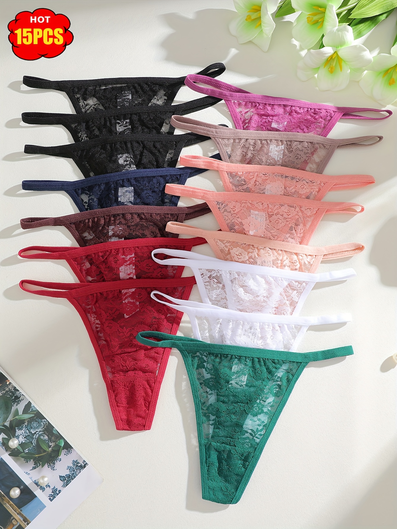 15pcs Bulk Pack Women's Elegant Low-Rise V-String Thong Underwear Set - Breathable Lace Triangle Panties with Faux Drawstring, Non-Sheer Comfortable Daily Wear (No Bulk/No Bulkiness)