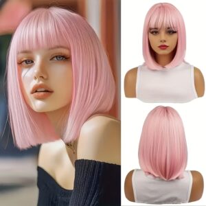 Girl's pink short hair with bangs wig -12 inches, comfortable and natural style, easy to take care of, elegant style, Christmas, Black Friday, Korean Wave, school and theme parties.