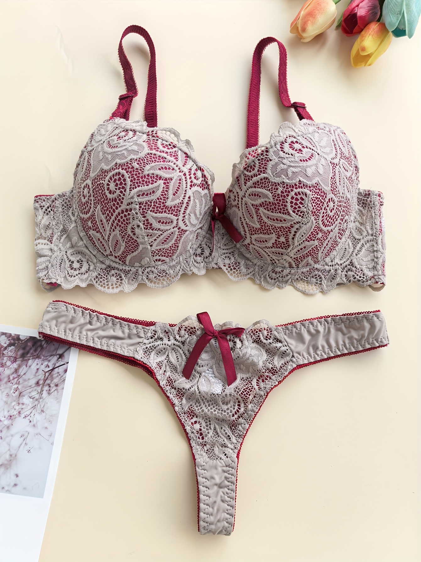 3pcs Set French-Style Women's Low-Rise Bikini Bra & Thong Underwear Set - Full Coverage Matching Color-Block Lingerie, Non-Detachable Pads, Elegant for married/Couple (Hand Wash Only) - FemaleSexy Line Special Collection - Image 5