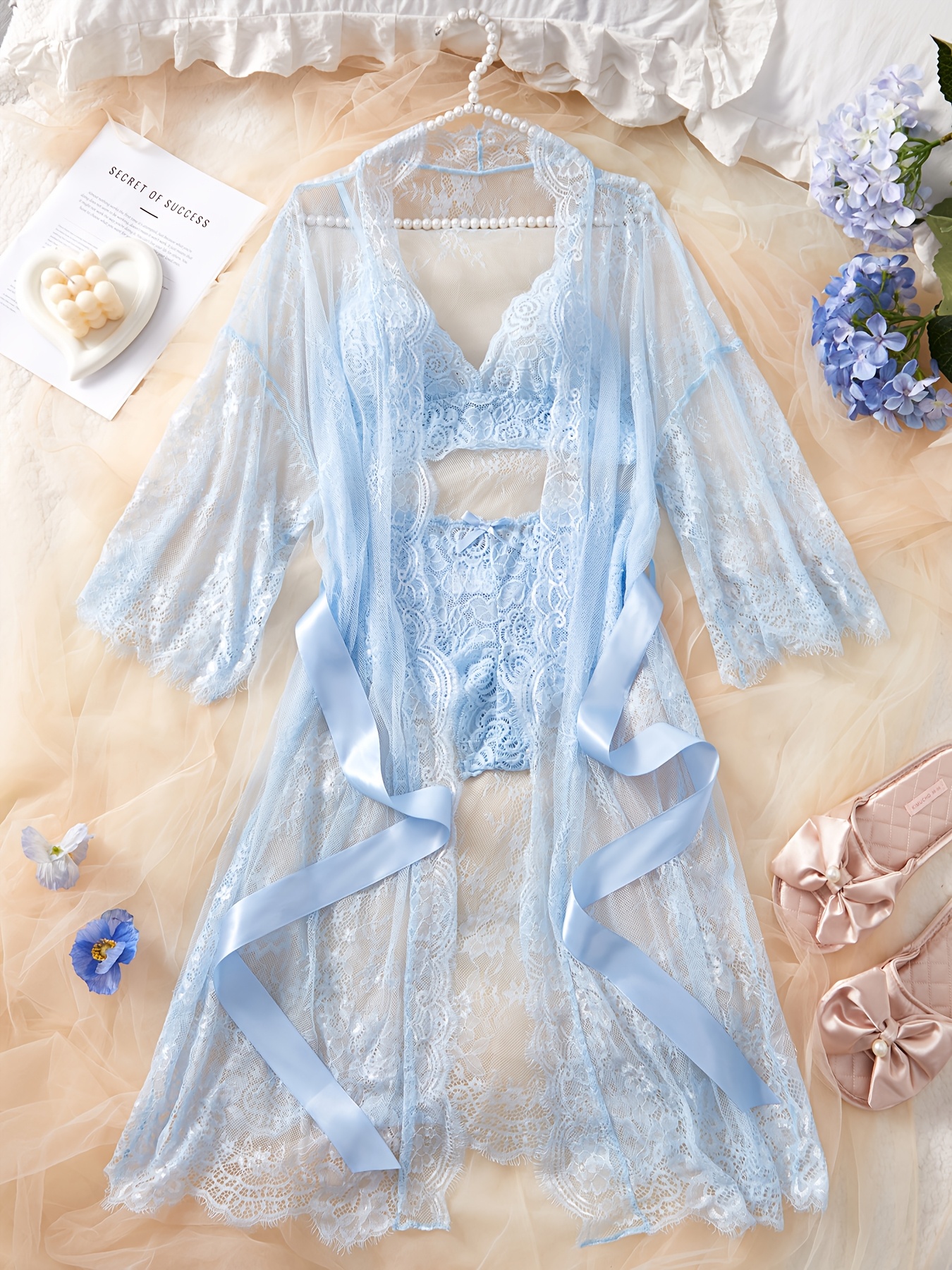 A Lingerie Robe Set Featuring Eyelash Lace Wave Decorations, Ribbons, a Perfectly Paired Two-Piece Outfit, And a Beautifully Designed Kimono Bathrobe. - Image 9