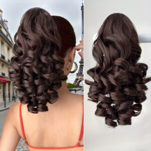 Brown Wine Red Mixed Color Ponytail Hair Extensions, 14 Inches (Approx. 36.0 cm) Lightweight Curly Drawstring Ponytail, Long Thick Fake Ponytail, Multi-Layer Natural Soft Clip-In Hair Extensions, Synthetic Material for Women, Chocolate Brown