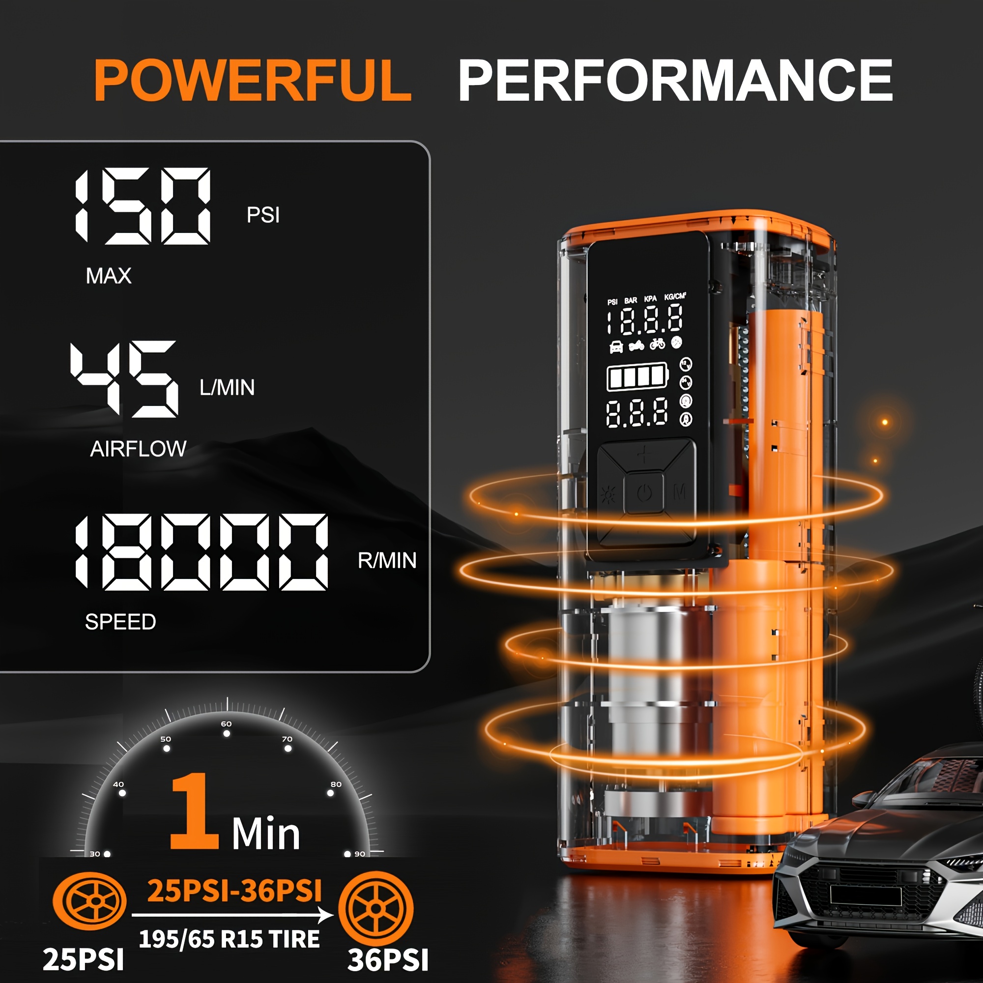 Portable Tire Inflator, Air Compressor Air PumpWith Digital Pressure Gauge, 150 PSI, Air Pump with Strong Light for Car, Motorcycle, Electric Bike, And Bicycle, Tire Inflator Portable, Car Inflator for Tires, Emergency Car Tool, Vehicle Maintenance - Image 4