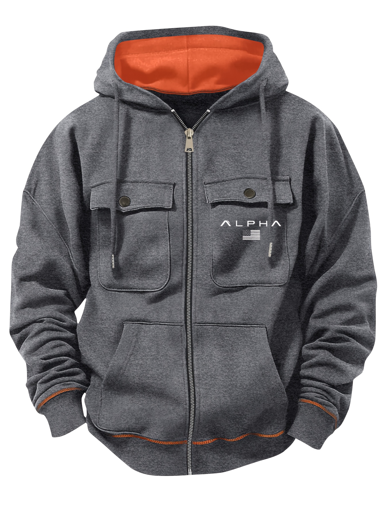 Men'S Heavy-Duty Thermal Jacket - Full-Zip Hooded Winter Coat with Zippered Pockets, Black/Orange Accents - Cold Weather Outerwear for Gym, Hiking, Commuting - Regular Fit Casual Outerwear, Winter Jacket, Hiking Apparel, Sporty Design, Durable Fabric, Active Lifestyle, Gym Wear, Functional Design, Highquality Construction, Outdoor Enthusiasts - Image 8