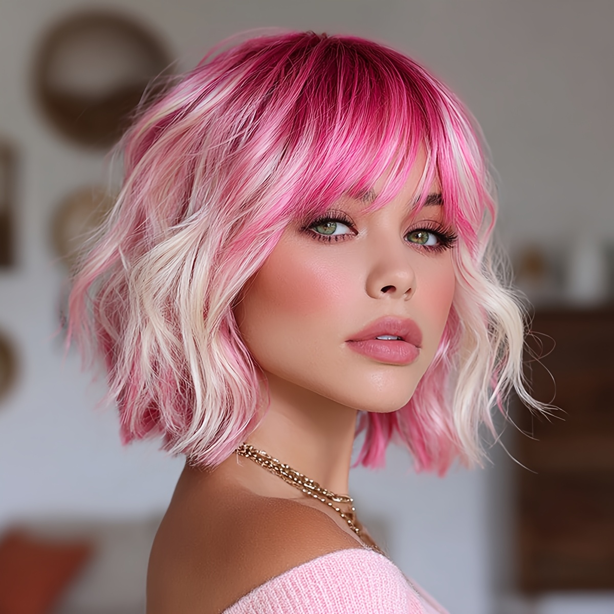 [Pink Gradient Bob Wig] Short Pink Gradient Dyeing Bob Hair Wig | 14 Inches, St…