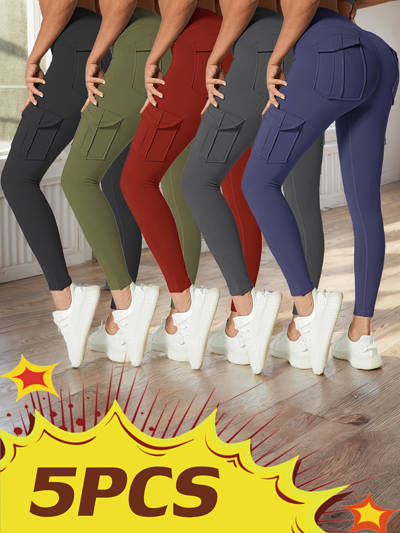 5pcs High Waist Yoga Leggings with 4 Pockets, Multipack Butt Lifting Tummy Control Workout Running 4 Way Stretch Cargo Sports Pants, 5pcs Leggings Set - Image 4
