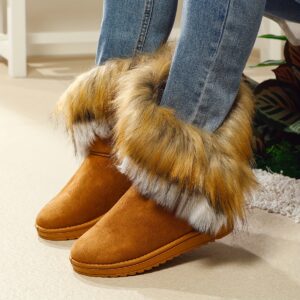 Fashion Winter Women'S Long faux fur Anti-Slip Plush Warm Boots | Comfortable Soft Warmth, Superfine Fiber Upper and Inner, Rubber Sole, Low Platform Heel
