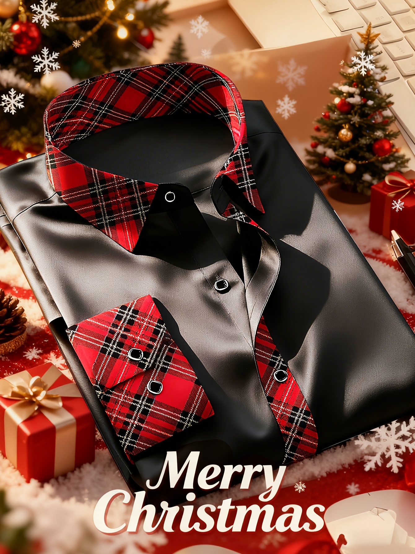 Men's Fashion Business Dress Shirt - Plaid Patchwork, Slim Cut, Polyester Material, All-Season Wearable, Machine Ted, 120g/m² Fabric Weight, Lightly Stretchy, Spread Collar Neckline for Home Gatherings and Socializing with Friends & Family - Image 2