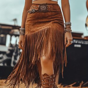 Bohemian Style Women'S Solid Color Patchwork Bodycon High-Waisted Fringe Skirt, Y2K Western Cowboy Vintage Casual Dress[Nian Nian]