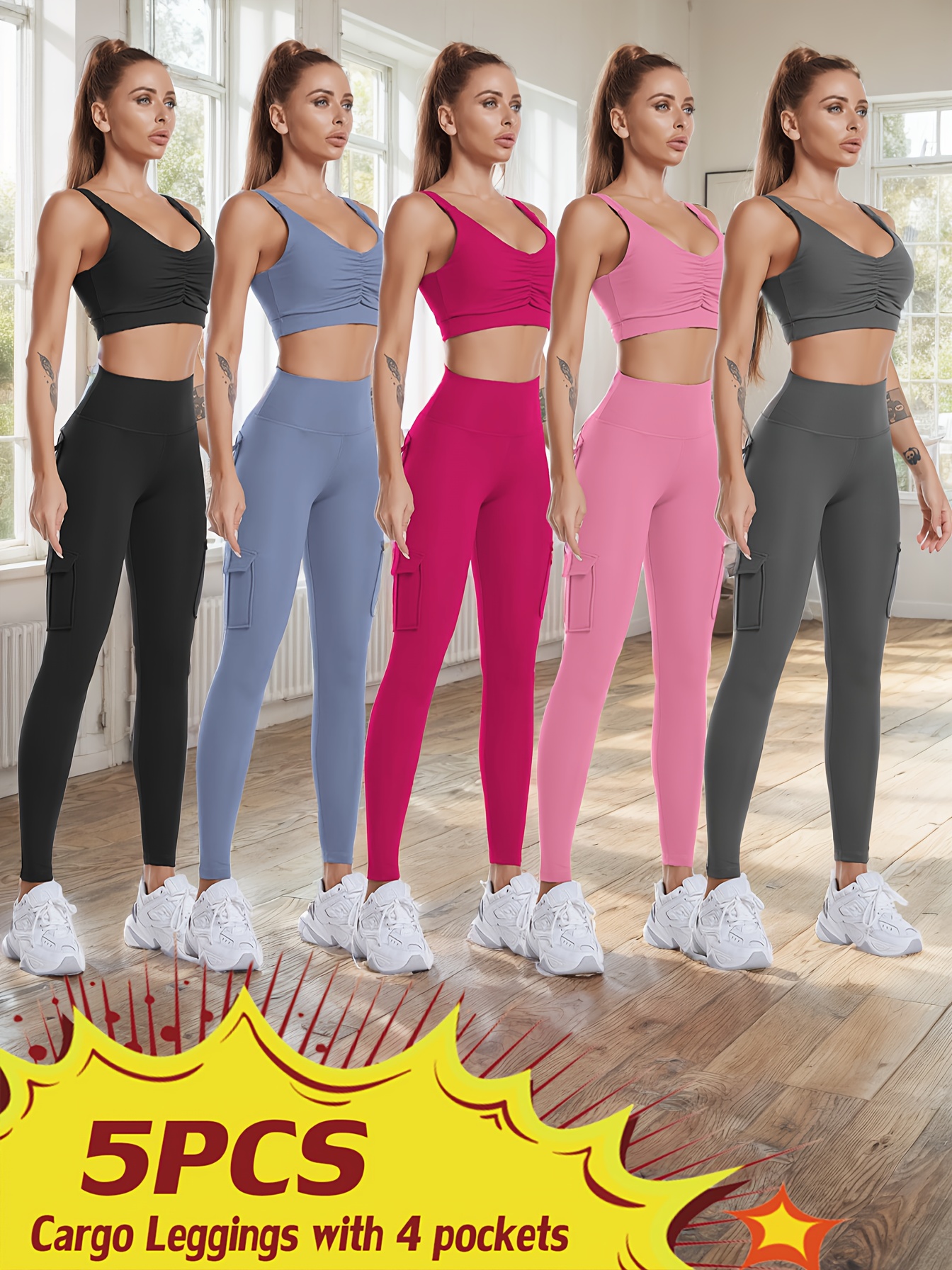 5pcs High Waist Yoga Leggings with 4 Pockets, Multipack Butt Lifting Tummy Control Workout Running 4 Way Stretch Cargo Sports Pants, 5pcs Leggings Set - Image 8