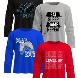 4 Boys' Long-Sleeve T-Shirts - Soft, Breathable, And Stretchy Casual Tops Featuring Game Controller And Inspirational Letter Designs, Round Neck, Regular Fit, Suitable for Spring/Autumn, Gaming-Themed Apparel | Playful Graphic T-Shirt | Made with St
