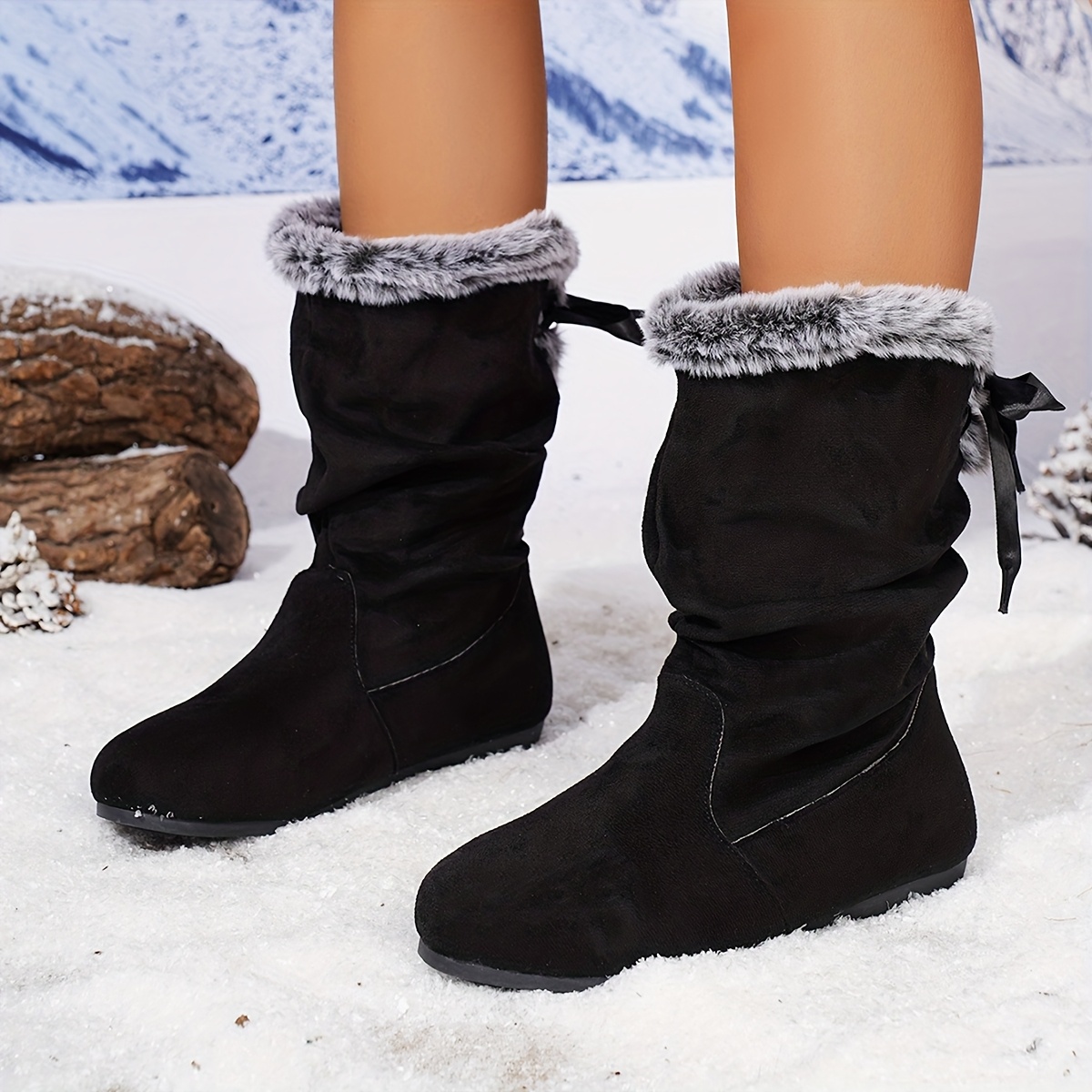 1 Pair Women'S Winter Ankle Boots with faux fur Trim & Bow Detail - Slip-Resistant Rubber Sole, Faux Cover Upper, Round Toe & Plush Lining, Low Heel Winter Boots with faux fur Collar &, Cute Winter Boots - Image 5