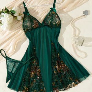 [Sexy Nightgown] Sexy Sheer Nightgown for Women | Embroidered Floral Designs with Bow - Lingerie